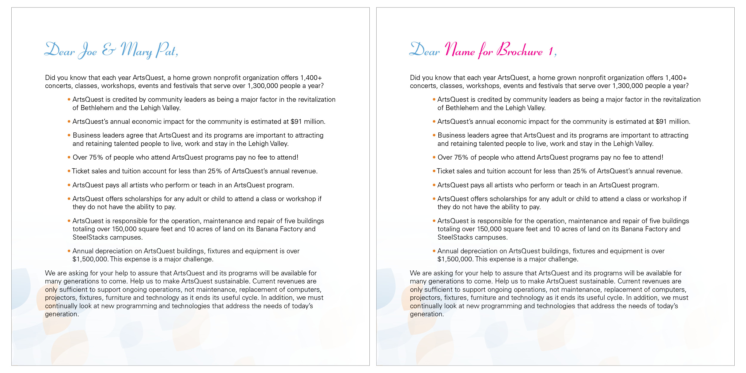 (left) print piece with donor specific information; (right) data piece with variable data placeholders