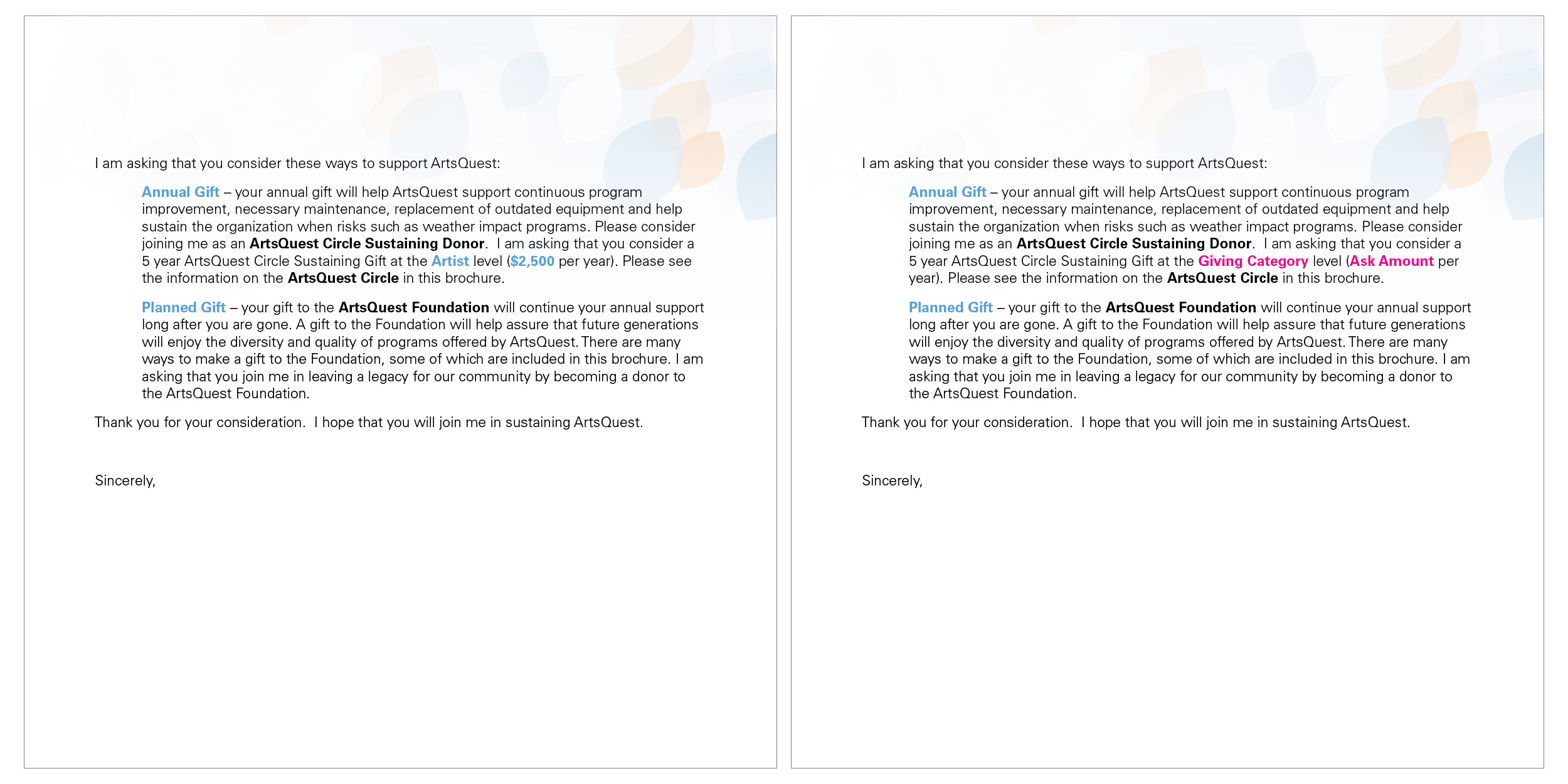 (left) print piece with donor specific information; (right) data piece with variable data placeholders