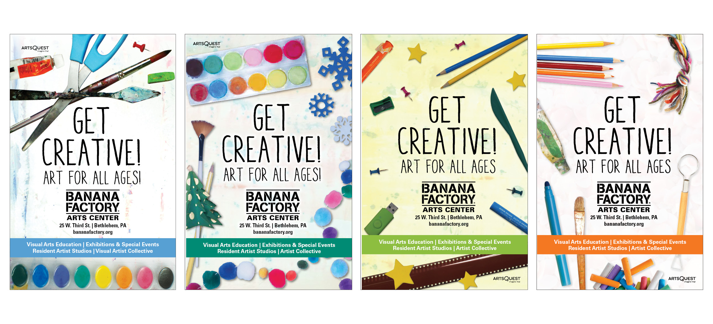 Get Creative campaign - brochure covers - (from left to right): fall, winter, spring, summer