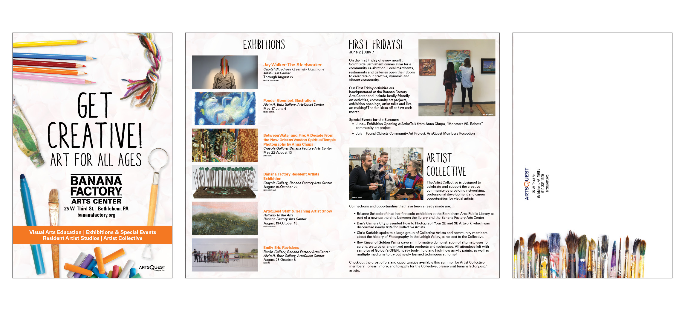 Get Creative - summer brochure - (left) cover; (middle) intro panel; (right) mailing panel