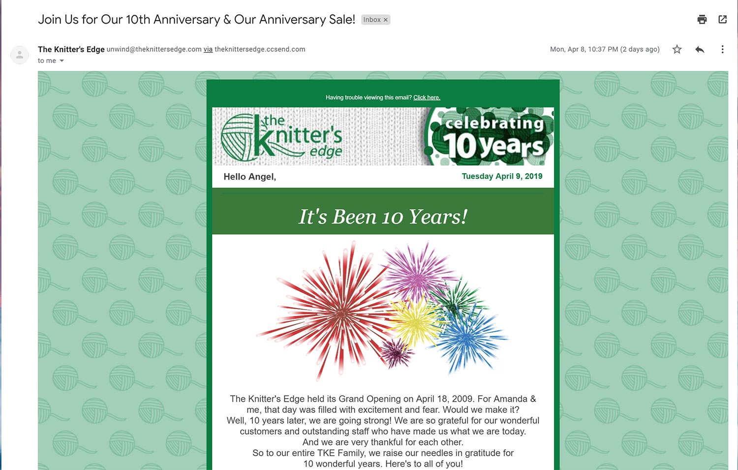 Email with 10th Anniversary Header