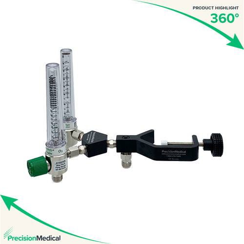 A360 degree view of a y-block with two oxygen flowmeters connected to a pole clampe