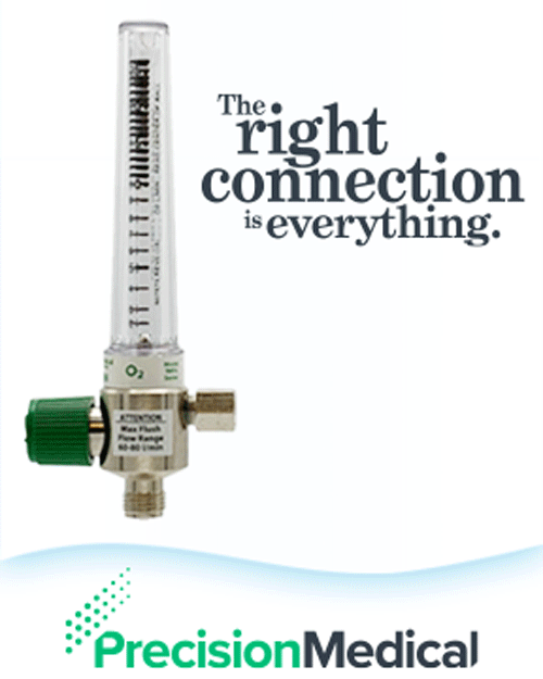 Animated image of oxygen flowmeter showing different medical fitting connects. The text reads "The Right Connection is Everything."